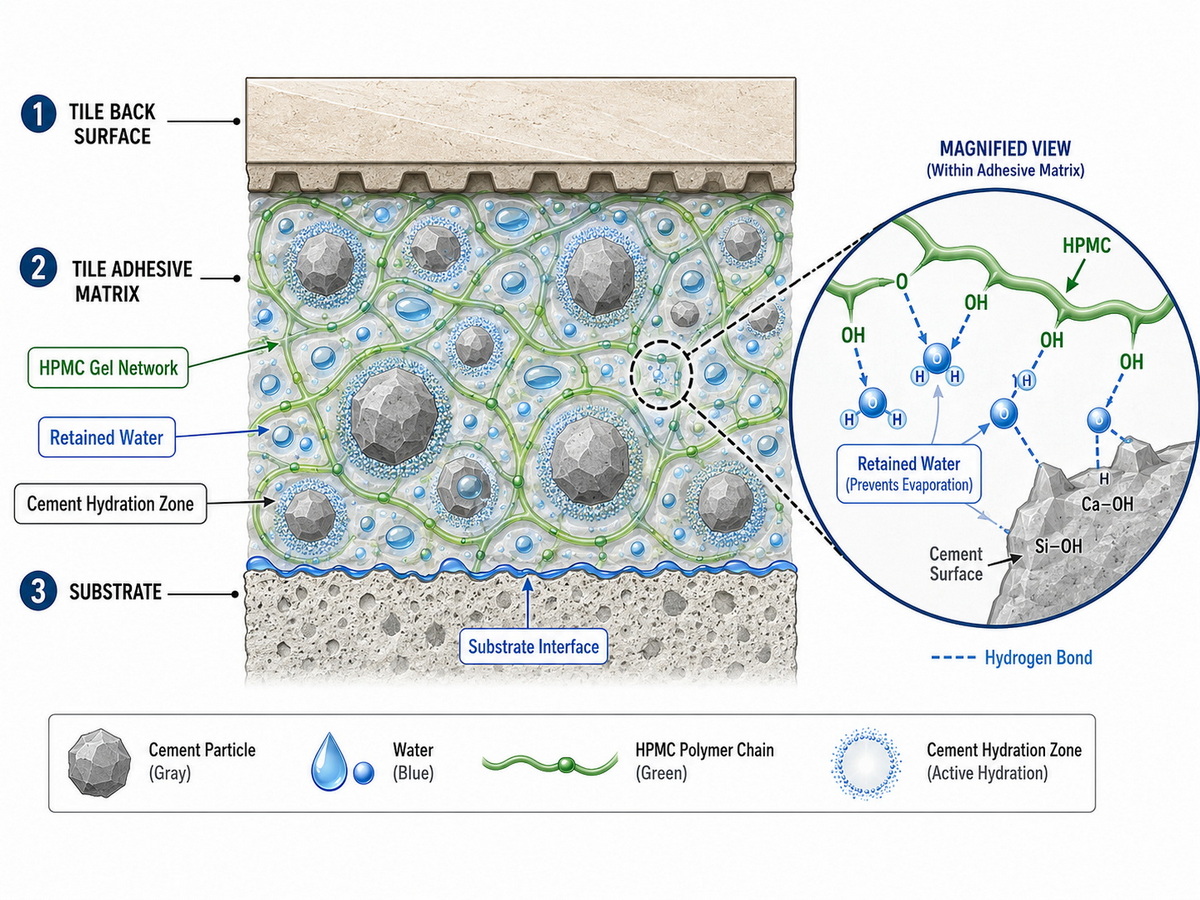 HPMC Molecular Water Retention Mechanism in Tile Adhesive HPMC Molecular Water Retention Mechanism in Tile Adhesive