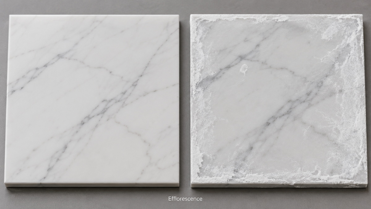 Clean Marble Surface Vs Efflorescence Temiz Mermer Yüzey vs Çiçeklenme